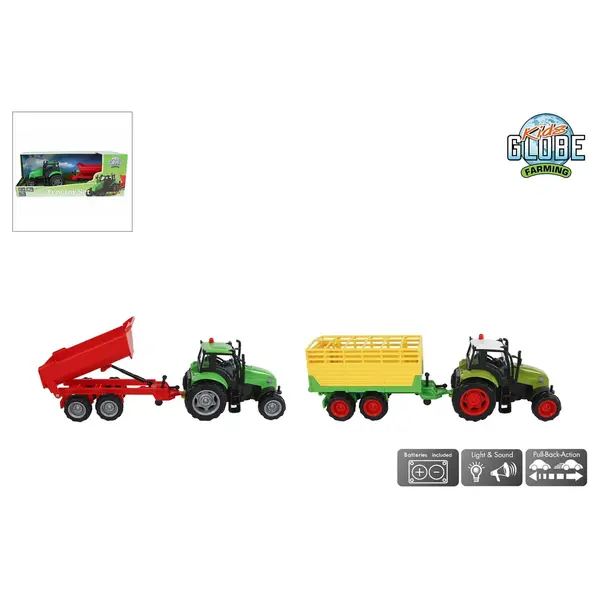 Kids Globe Tractor met aanhanger - met licht en geluid  25 cm - 2 modellen