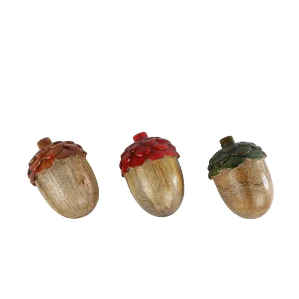 Sculptuur "Acorn" naturel/kleur, 3 assortie, mango/aluminium - 7x7x11cm
