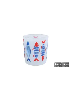  Theelicht "Fish" S blauw/rood glas - 7,5x7,5x8cm