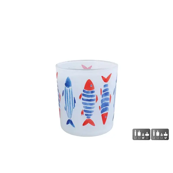 Theelicht "Fish" S blauw/rood glas - 7,5x7,5x8cm