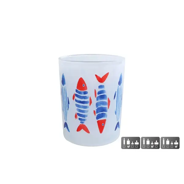 Theelicht "Fish" M blauw/rood glas - 10x10x12,5cm