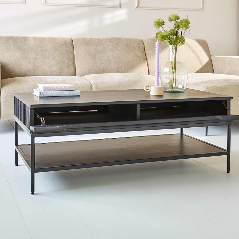 Table basse avec étagère Jonas bois de manguier 120x60 cm noir - Dimehouse