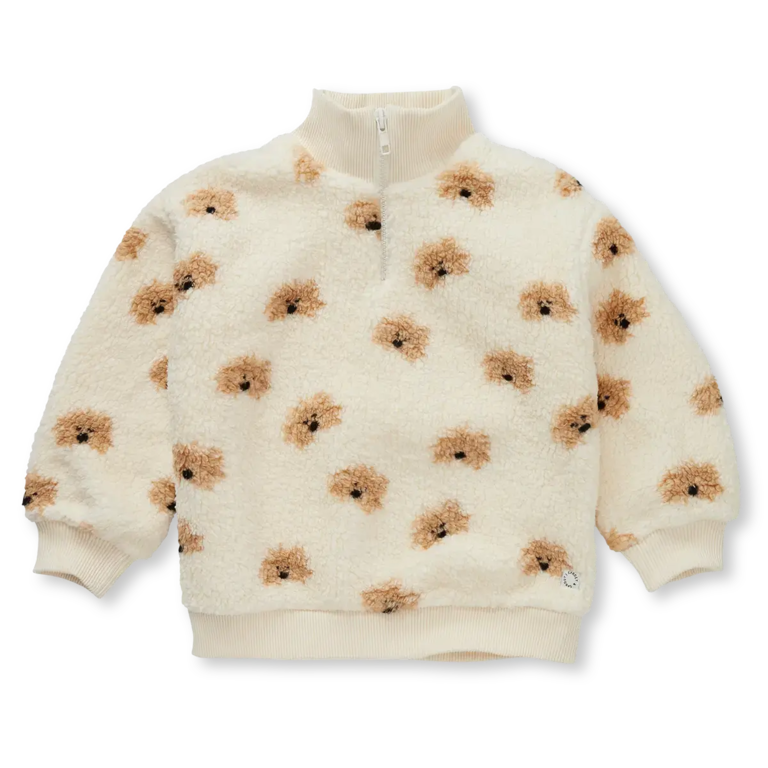 Sproet & sprout teddy mock zip dog print // ivory