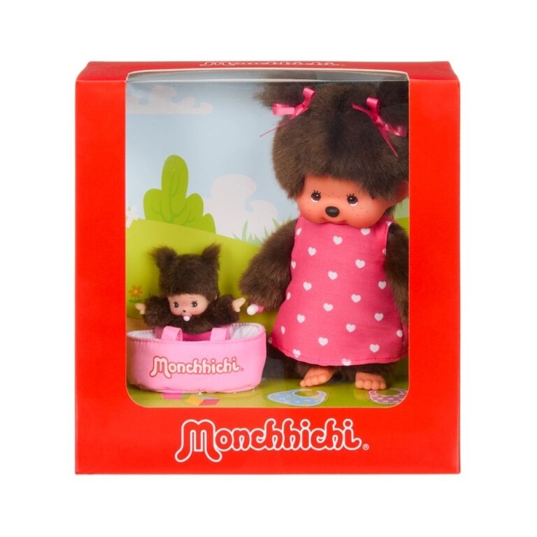 Monchhichi met minibebichhichi in draagmandje // 20cm