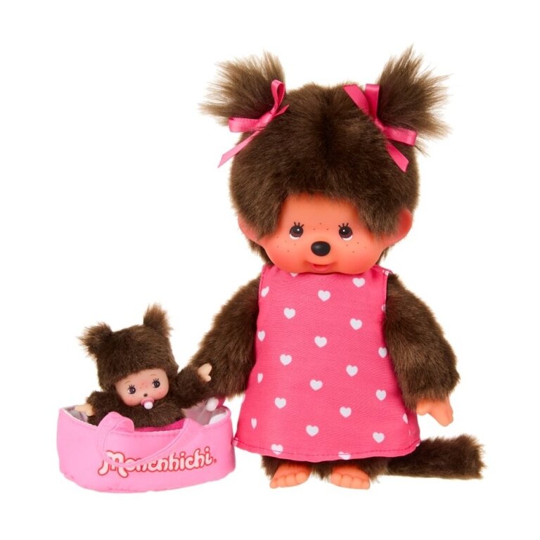 Monchhichi met minibebichhichi in draagmandje // 20cm