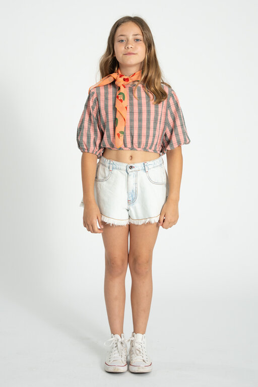 Piupiuchick cropped blouse w baloon sleeves // pink & green checkered