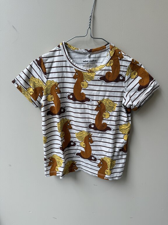 Preloved 12. Mini Rodini t-shirt seahorse wit met zeepaard en streepjes // 104-110