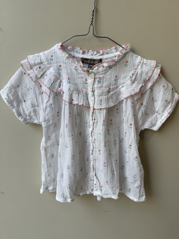 Preloved 6. Emile et Ida blouse creme korte mouw rood randje // 4y