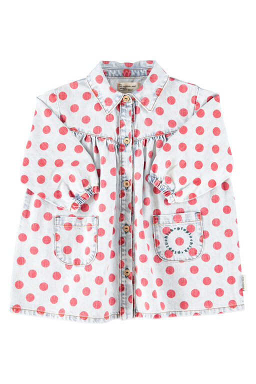 Piupiuchick short dress // light blue denim with red dots