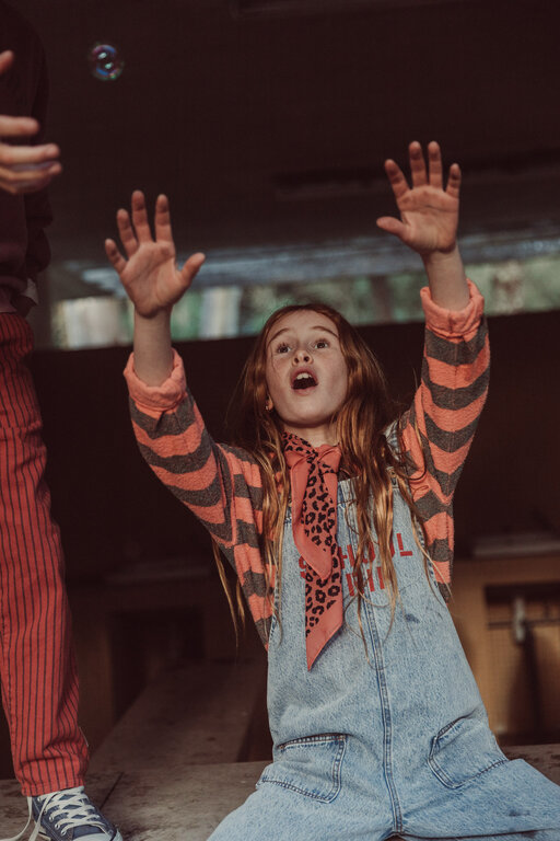 Piupiuchick dungarees // faded light blue denim with school trip print