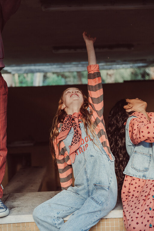 Piupiuchick dungarees // faded light blue denim with school trip print