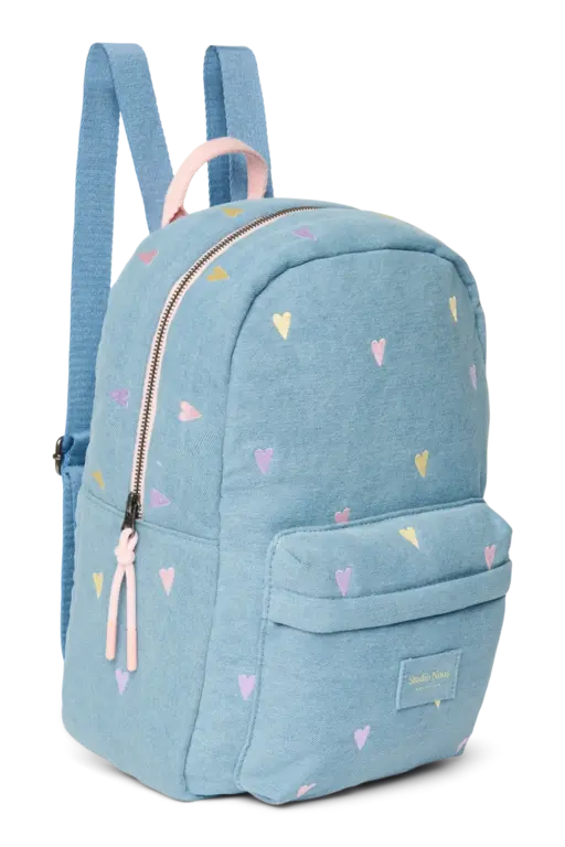 Studio Noos denim midi backpack // hearts light blue