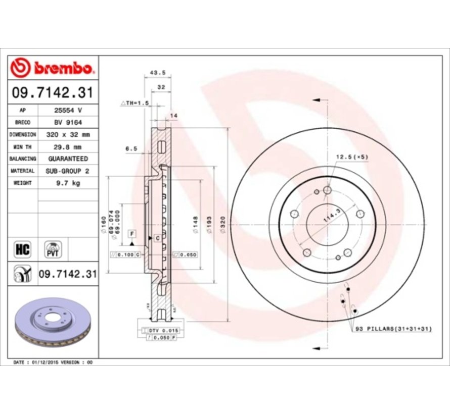 Brembo 09.7142.31 - Geventileerde Remschijf Vooras High Carbon
