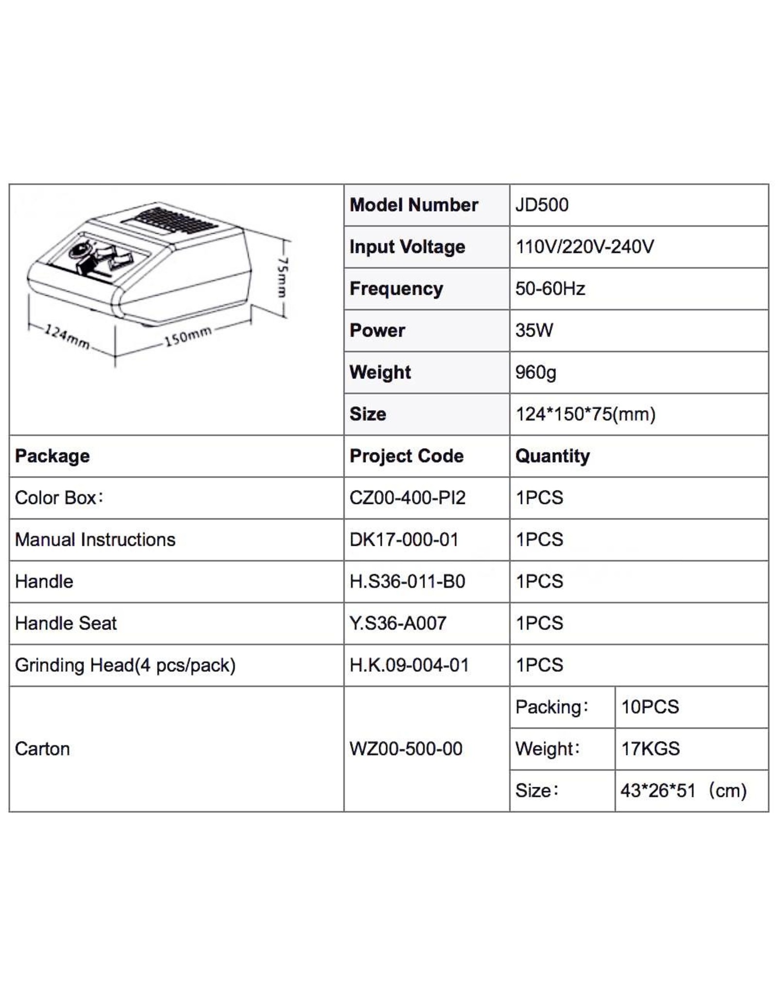 Merkloos Nagelfrees JD500 35Watt Originele + Keramische frees MBS®