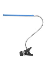 Merkloos LED Tafellamp Blauw met een flexibele arm op tafelklem.