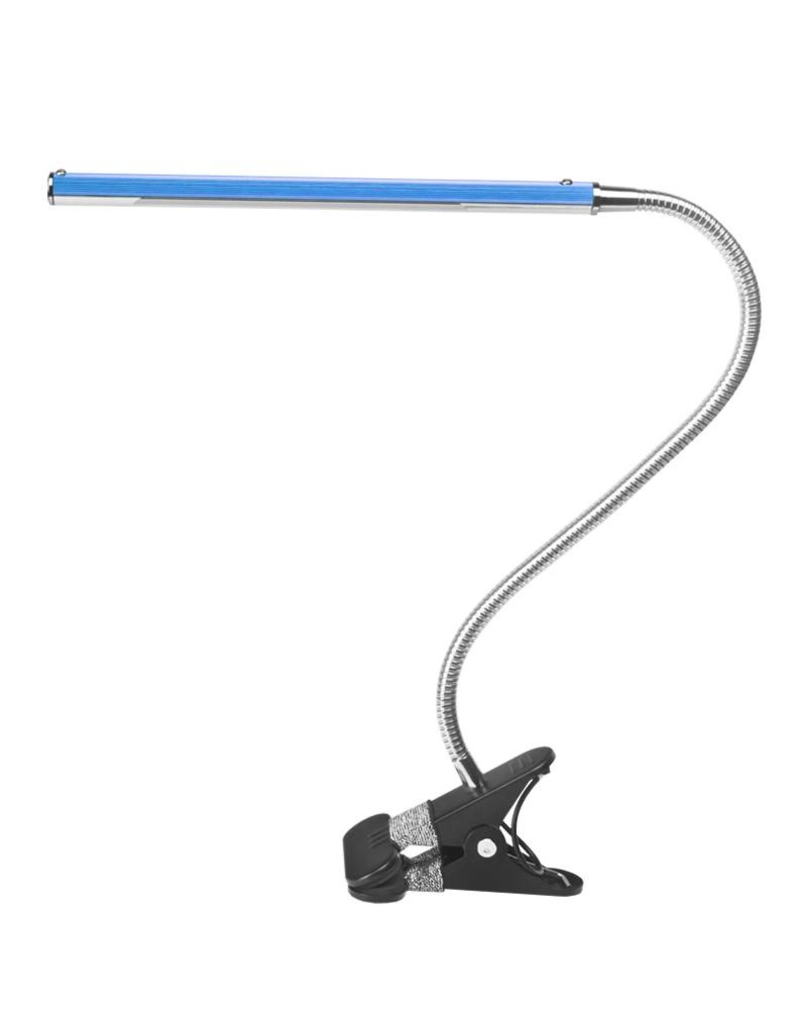 Merkloos LED Tafellamp Blauw met een flexibele arm op tafelklem.