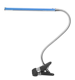Merkloos LED Tafellamp Blauw met een flexibele arm op tafelklem.