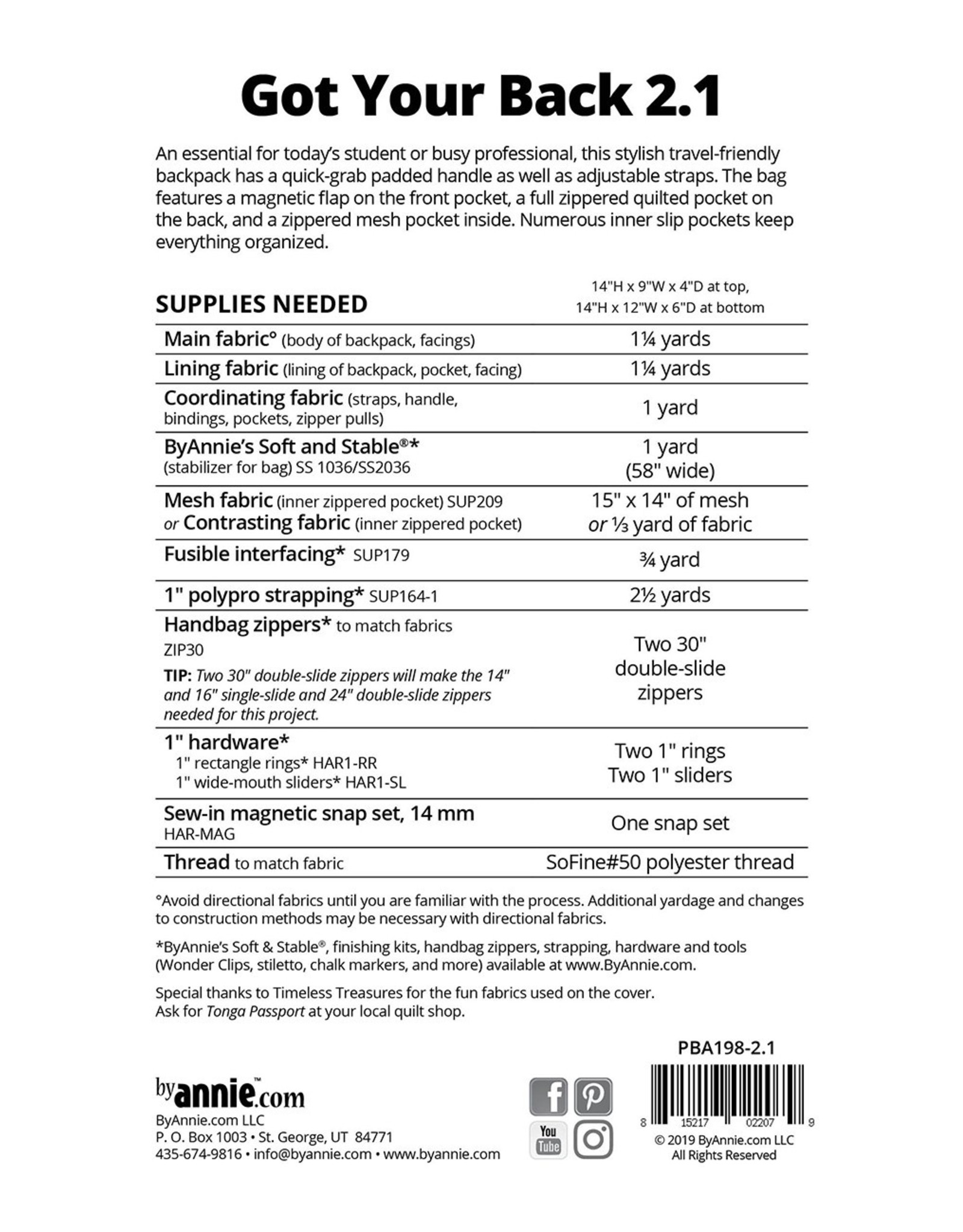 ByAnnie Got Your Back 2.1 - By Annie - pattern for back pack - PBA198-2.1