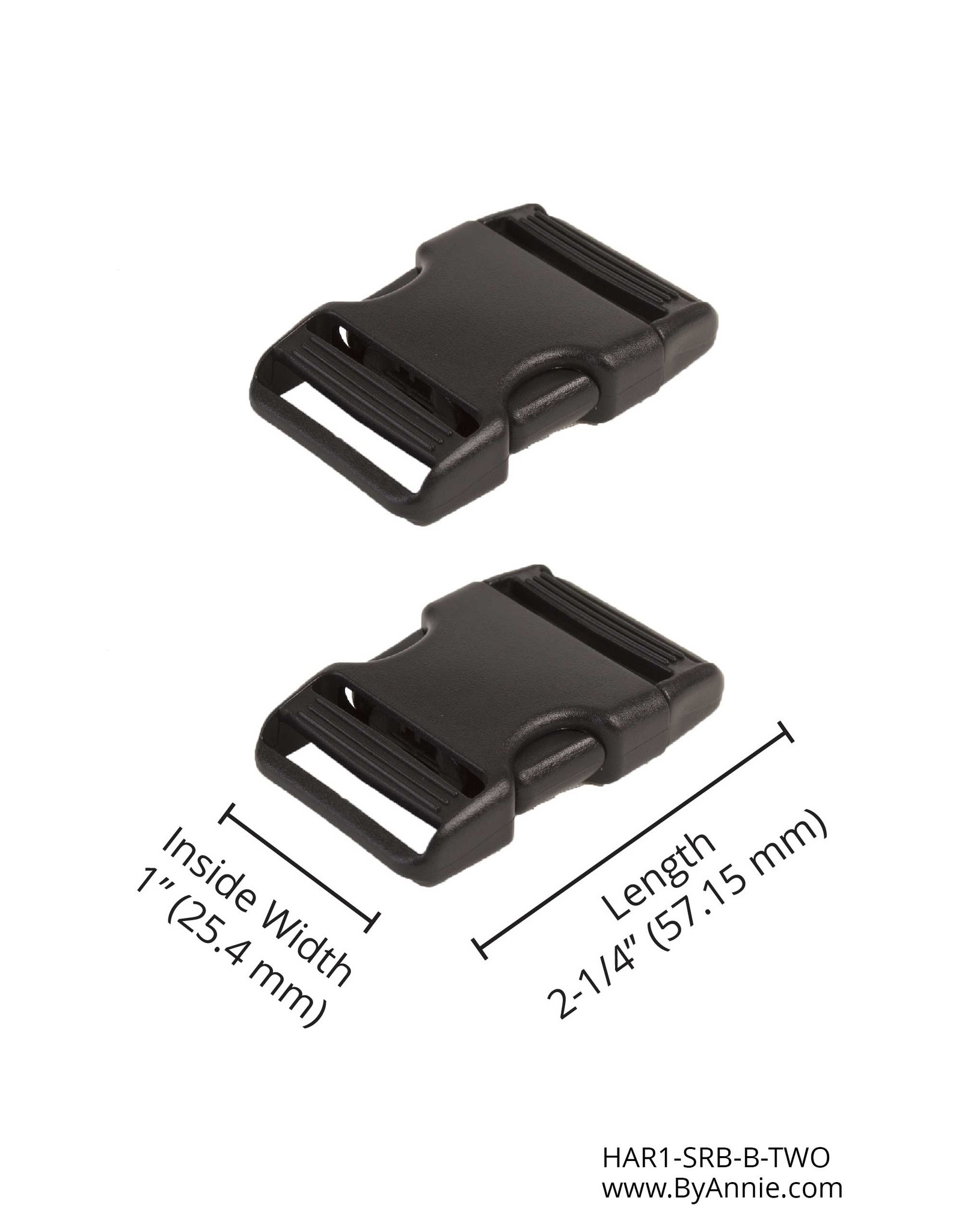 ByAnnie Side-Release Buckle - 1 inch - Black Plastic - 2 pieces