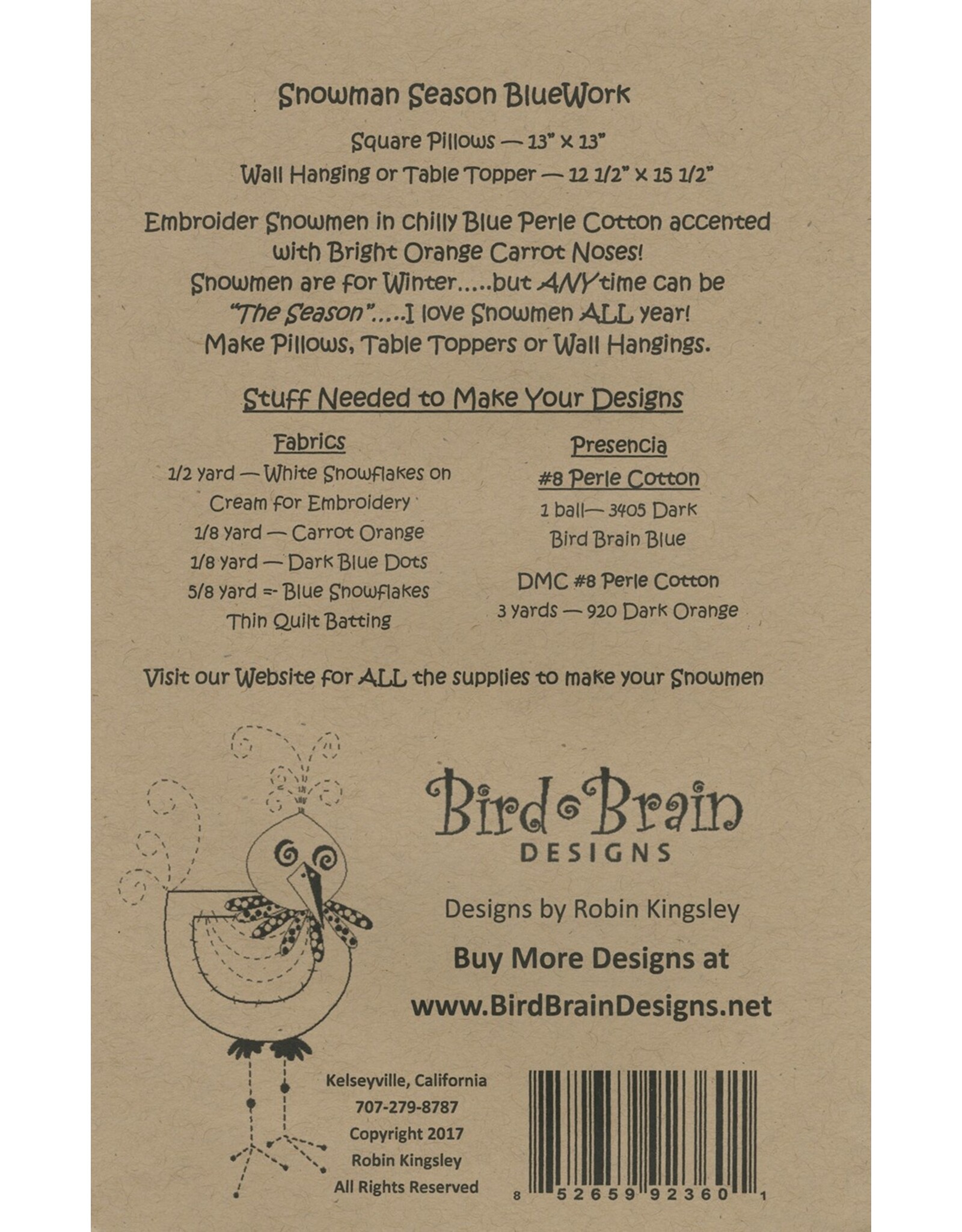 Bird Brain Designs Snowman Season Bluework - borduurpatroon