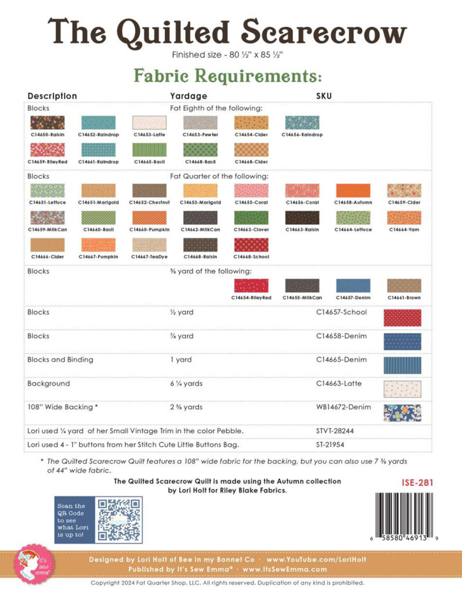 It's Sew Emma Lori Holt - The Quilted Scarecrow - pattern for quilt - ISE-281