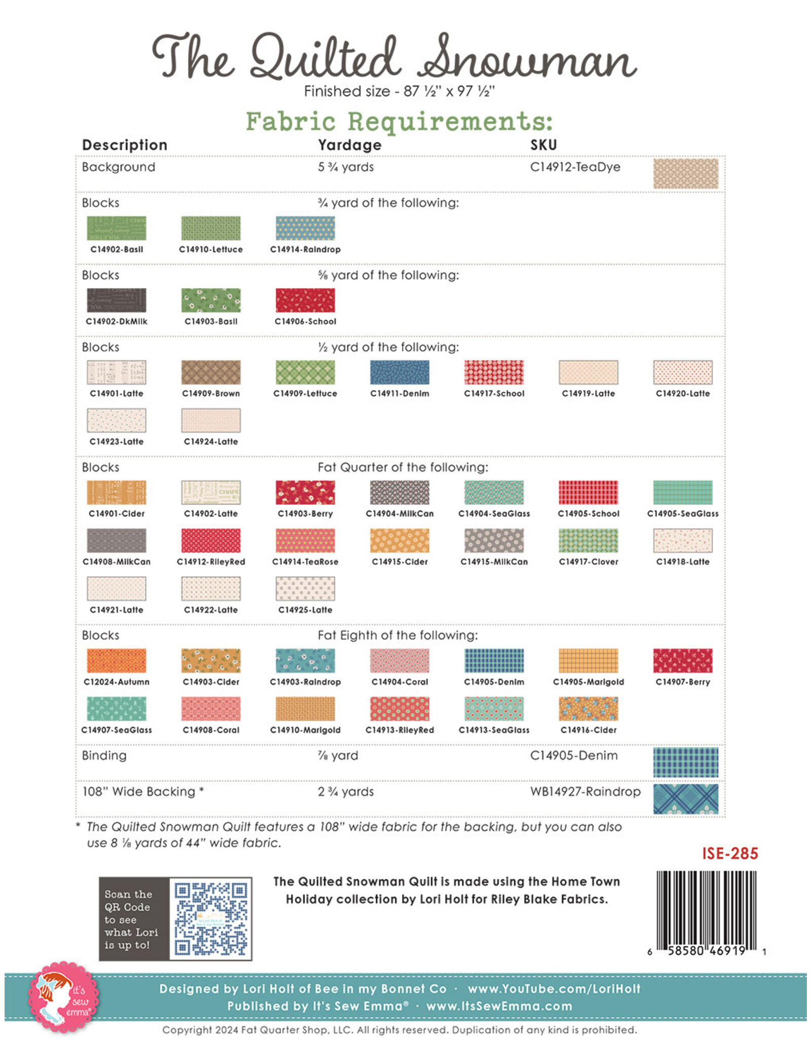 It's Sew Emma Lori Holt - The Quilted Snowman - pattern for quilt - ISE-285
