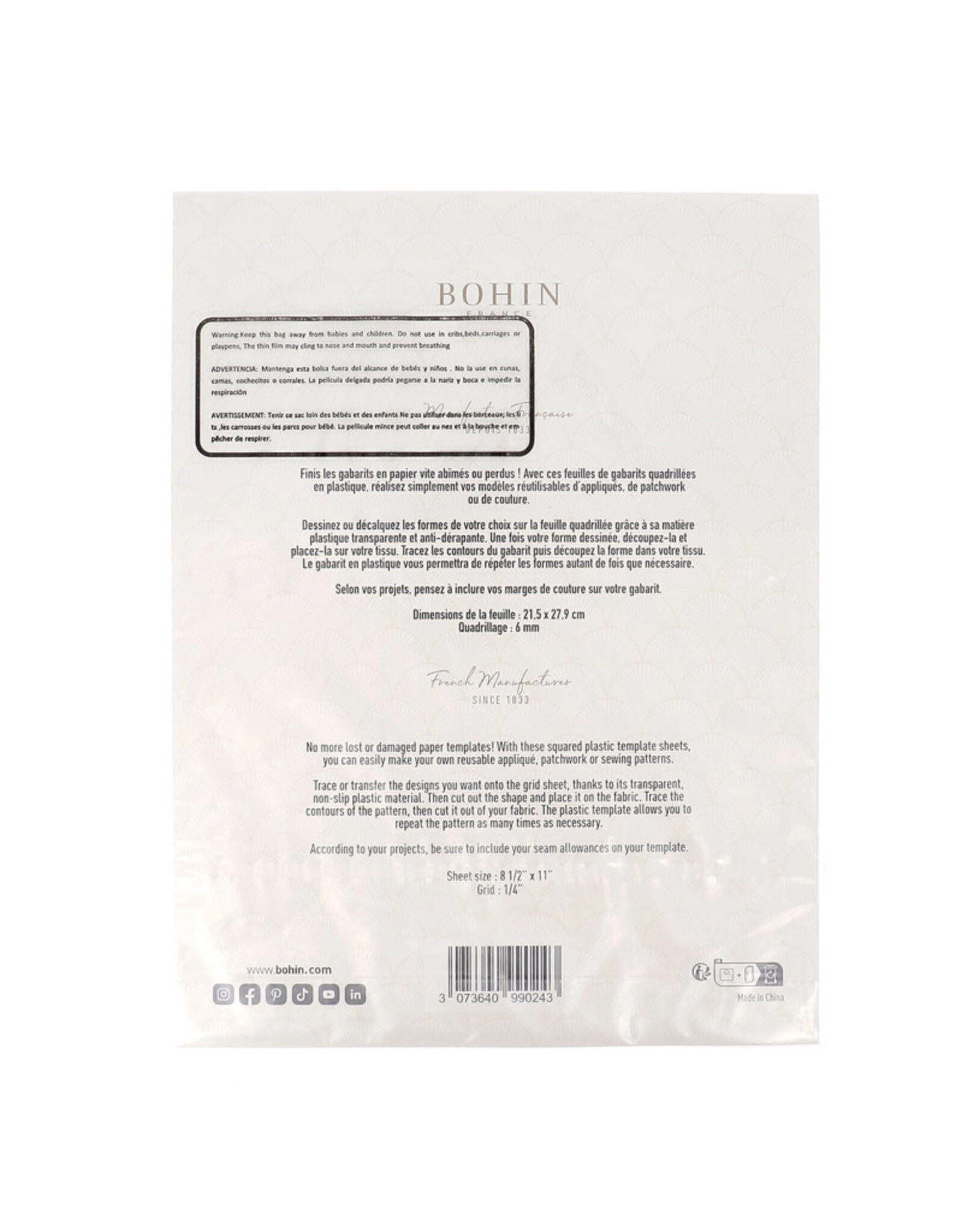 Bohin Bohin - Template Plastic met raster - A4