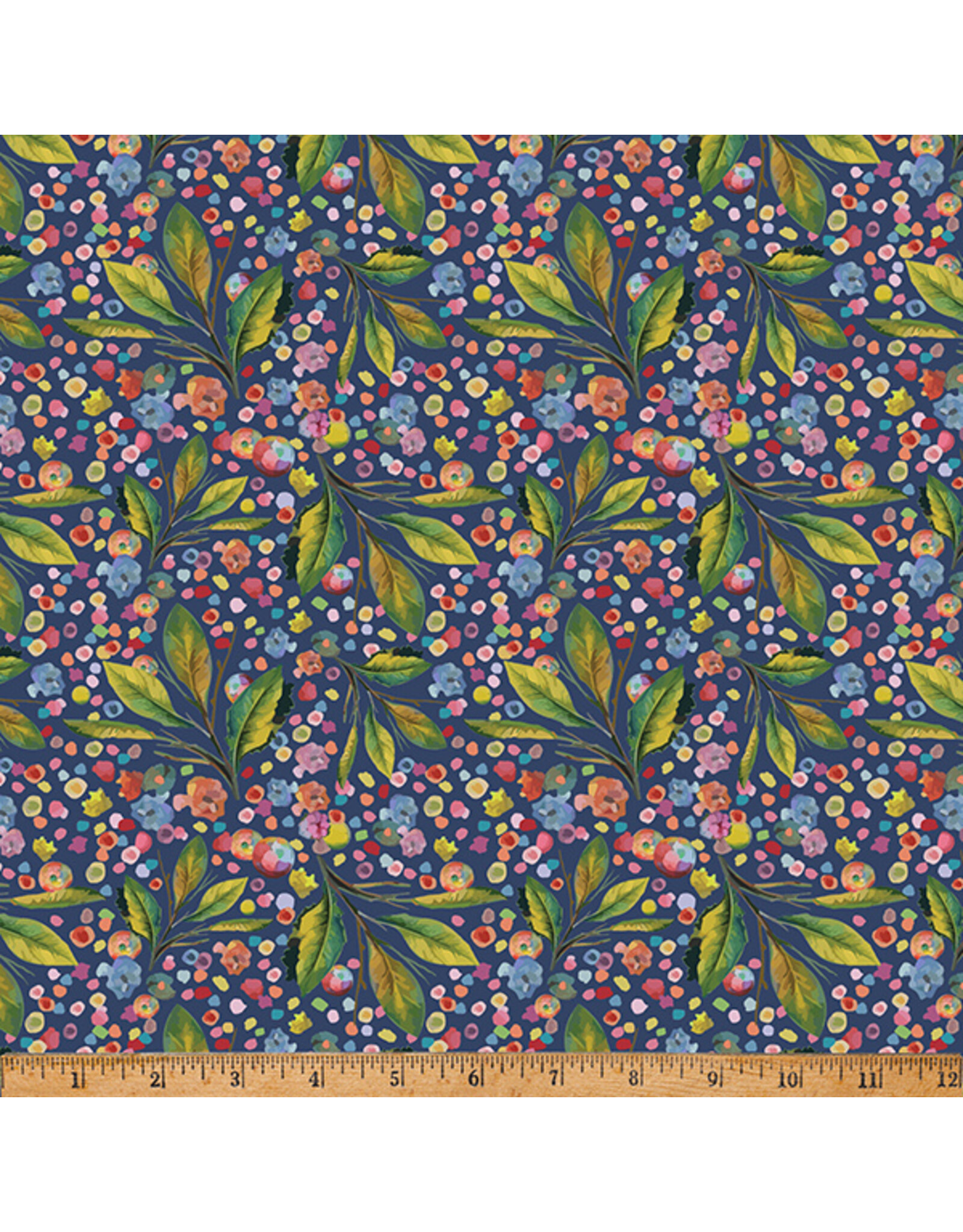Hoffman Candy Quilt Design - Whimsical Flower Garden - Leaves and Dots Navy - W5539-19-NAVY