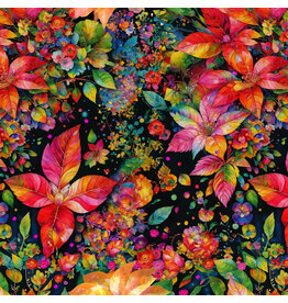 Hoffman Yuletide Blooms - Poinsettias Floral Rainbow Black