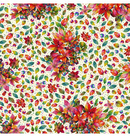 Hoffman Yuletide Blooms - Poinsettias Leaves Dots Cream