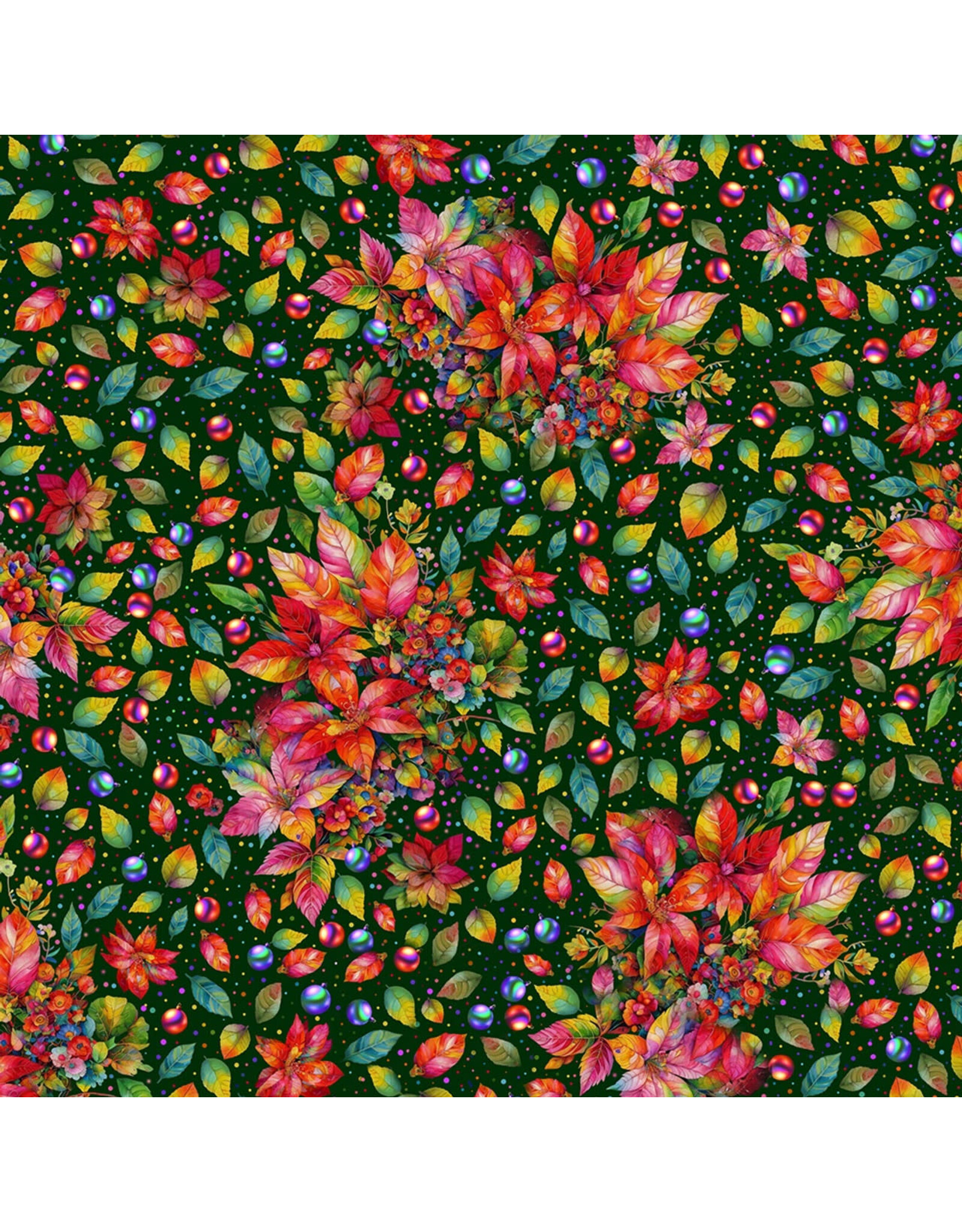 Hoffman Candy Quilt Design - Yuletide Blooms - Poinsettias Leaves Dots Hunter Green