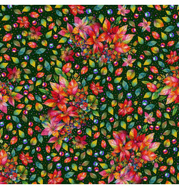 Hoffman Yuletide Blooms - Poinsettias Leaves Dots Hunter Green