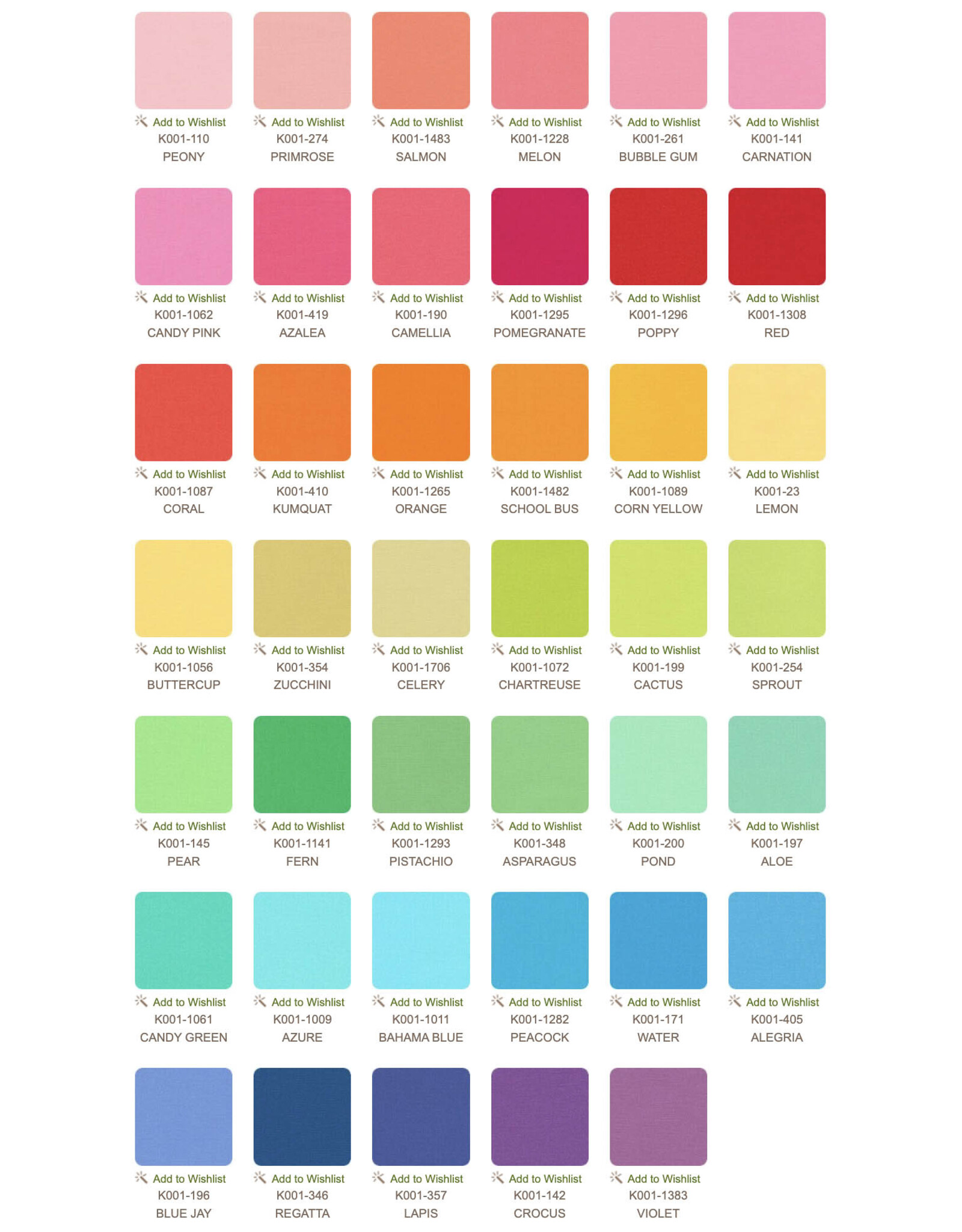 Robert Kaufman 5 x 5 inch Charm Squares - Kona Solids New Bright Palette - CHS-137-41