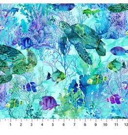 Northcott Coral Reef - Turtle & Fish Turquoise