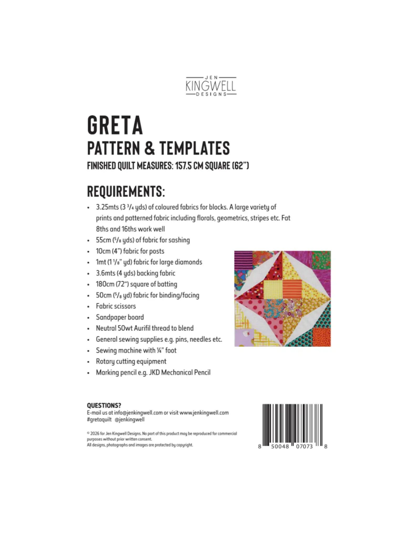 Jen Kingwell Designs Jen Kingwell Designs - Greta - Pattern and Acrylic Templates