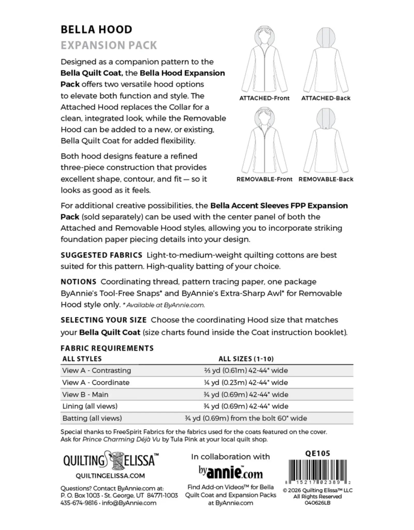 ByAnnie ByAnnie Patterns - Quilting Elissa - Bella Hood Expansion Pack - QE105