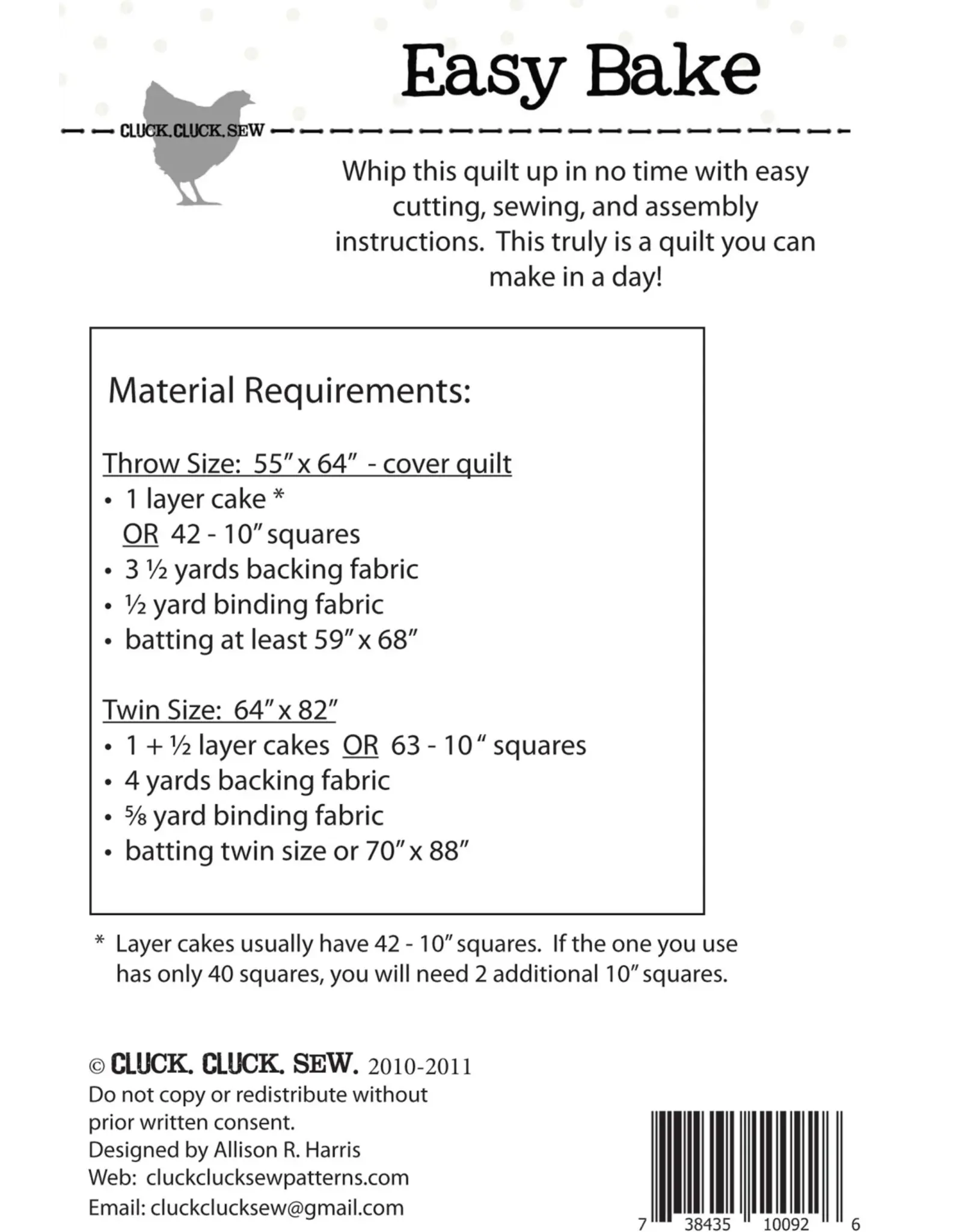 Cluck Cluck Sew Cluck Cluck Sew - Easy Bake - pattern for quilt - CCS #117
