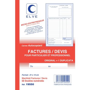 ELVE CARNET 'FACTURES/DEVIS' AUTO ENTREPRENEURS 210X140 50/2