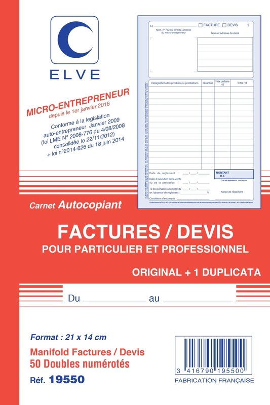 ELVE Carnet 'Factures/Devis' Auto Entrepreneurs 210X140 50/2