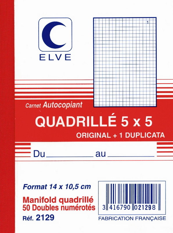 ELVE Carnet autocopiant quadrillé 5x5 140x105 50/2+0