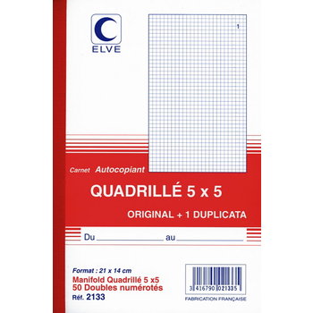 ELVE CARNET AUTOCOPIANT QUAD.5/5 210X140 50/2+0