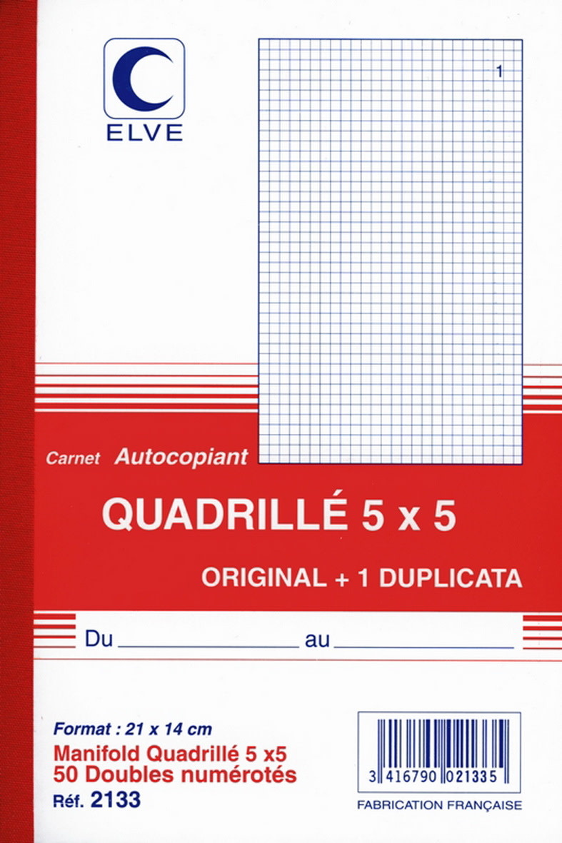 ELVE Carnet Autocopiant Quad.5/5 210X140 50/2+0