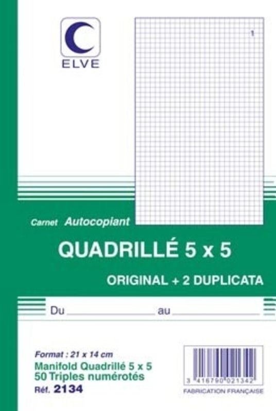 ELVE Carnet Autocopiant Quad.5/5 210X140 50/3+0