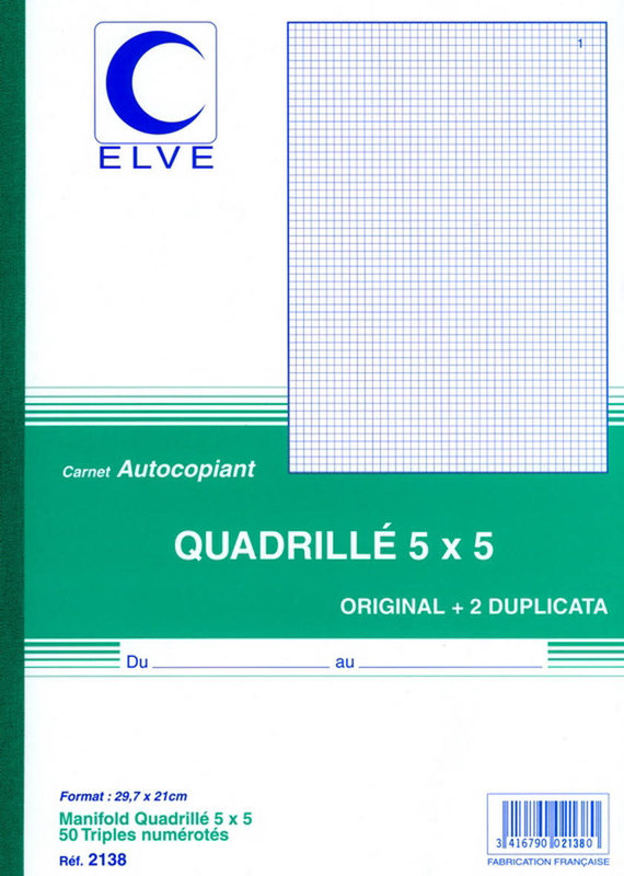 ELVE CARNET AUTOCOPIANT QUAD.5/5 297X210 50/3+0 (par 5)