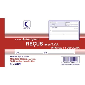 ELVE Carnet 'Recus Avec Tva' Folio 105X180 50/2+0 (/ 10)