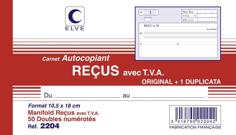 ELVE Carnet 'Recus Avec Tva' Folio 105X180 50/2+0 (/ 10)