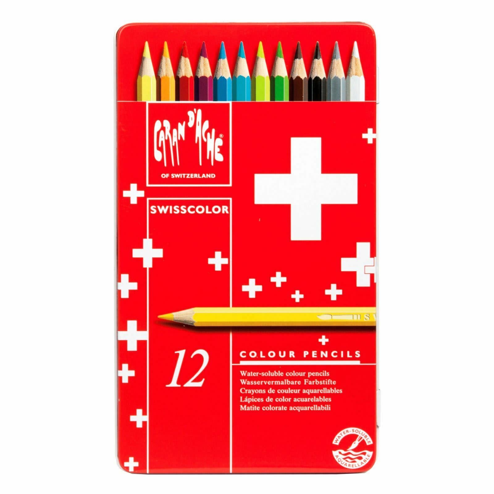CARAN D'ACHE SWISSCOLOR Boîte métal de 12 crayons de couleurs Aquarellables