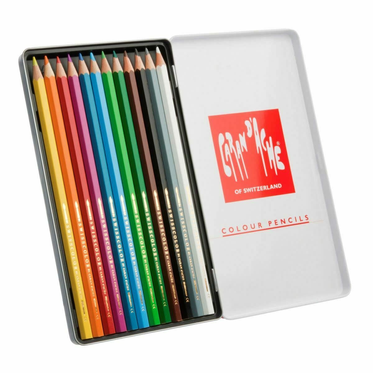 CARAN D'ACHE SWISSCOLOR Boîte métal de 12 crayons de couleurs Aquarellables