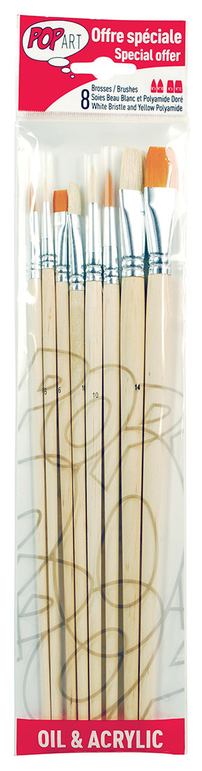 PEBEO Pochette 8 Pinceaux Manche Long Plat + Rond - Poly B + Sbb - 100% Wood Fsc