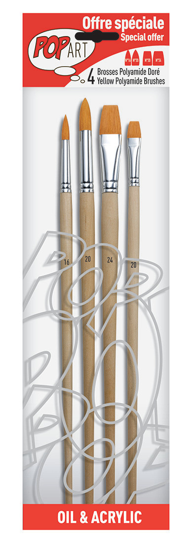 PEBEO Pochette 4 Pinceaux Manche Long Plat + Rond - Poly D - 100% Wood Fsc